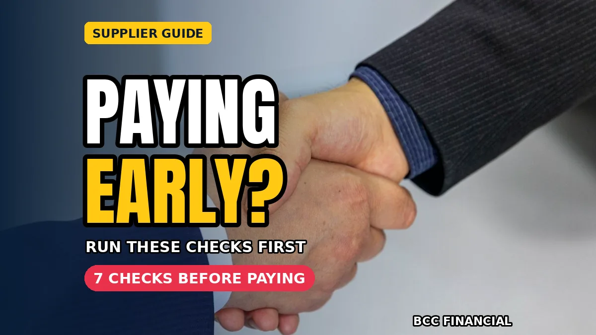 Small business owner reviewing paperwork with headline about paying supplier in advance checks before delivery to protect advance payments