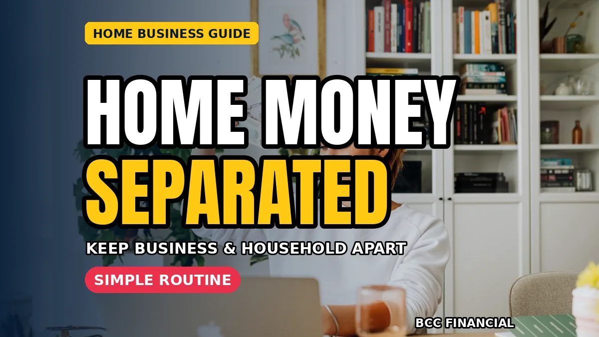 Home office desk with headline about home based business separating business household money with separate accounts and one transfer day