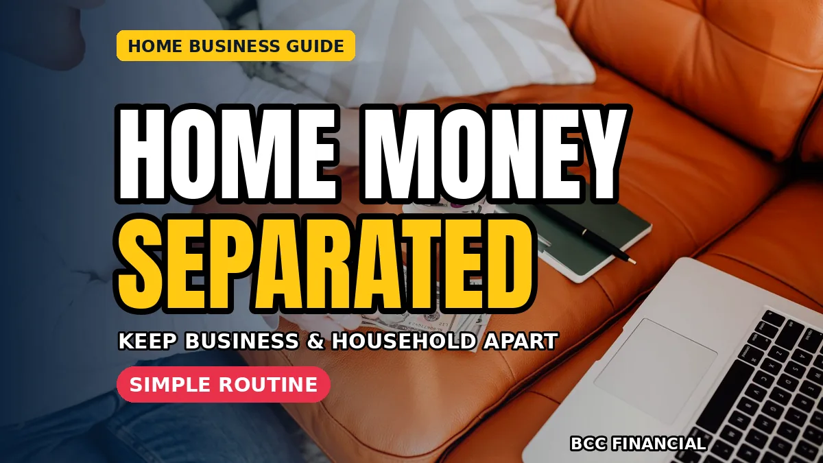 Home office desk with headline about home based business separating business household money with separate accounts and one transfer day