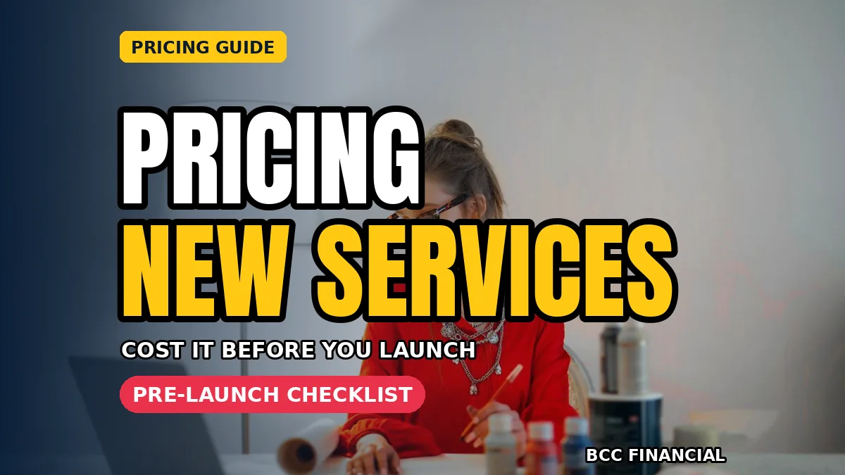 New service business owner with headline about pricing new service line small business costing with trial run and materials list