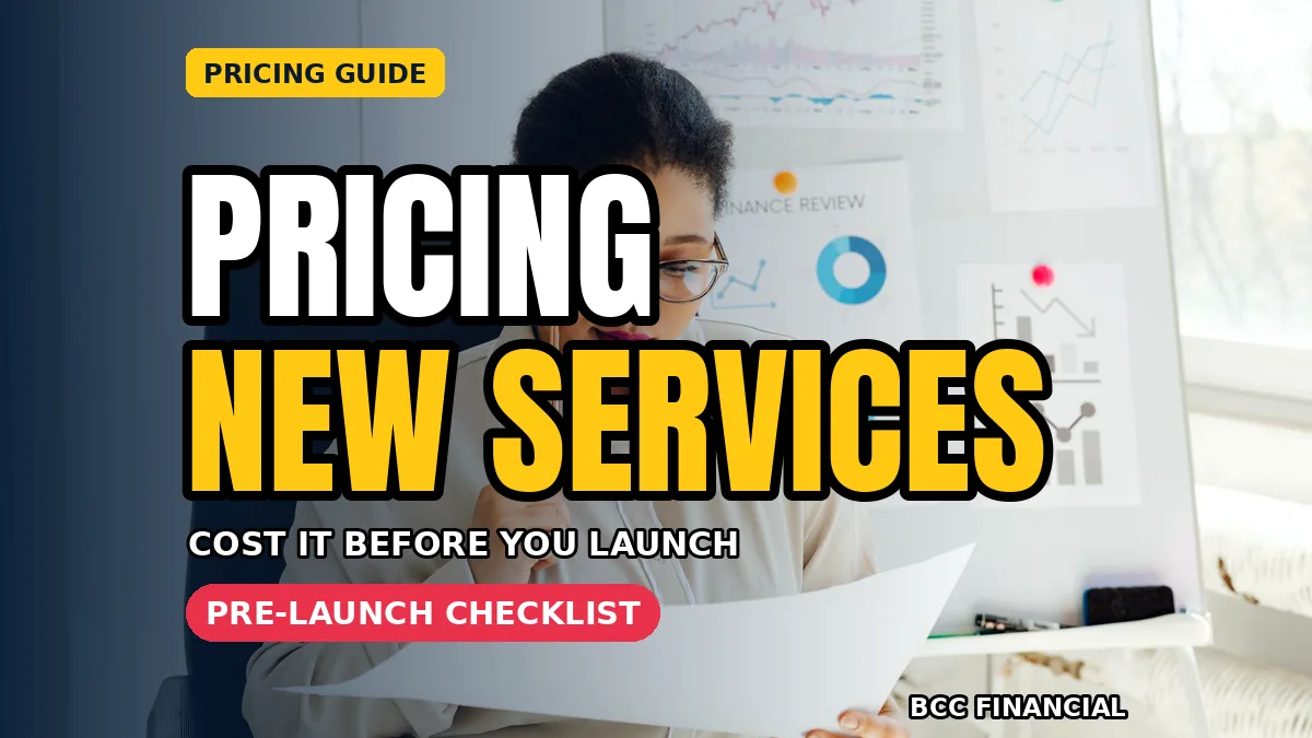 New service business owner with headline about pricing new service line small business costing with trial run and materials list