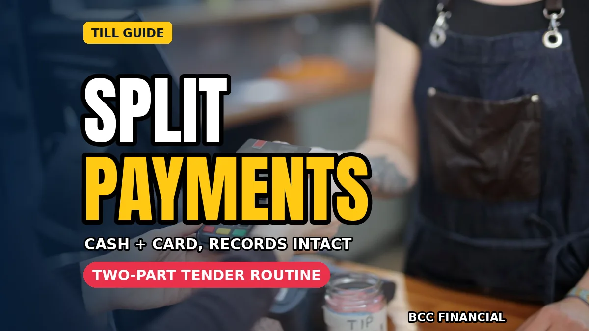 Shop till with headline about split payment part cash part card till routines for recording both parts of one sale