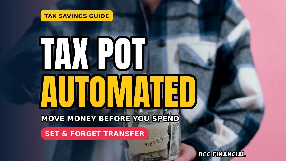 Business owner reviewing a bank app with headline about automate tax savings transfer standing instruction business routines for a weekly tax pot