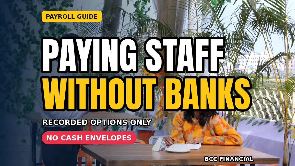 Employer and employee reviewing paperwork with headline about paying employee without bank account options records and payroll files
