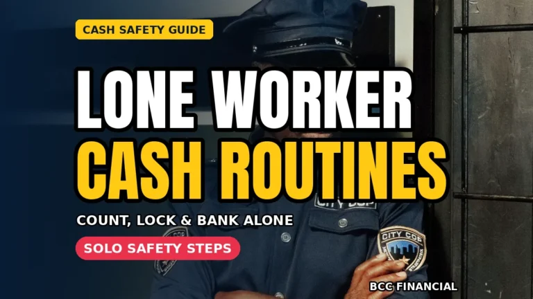 Small shop owner locking a back office door with headline about lone worker cash handling safety small business routines