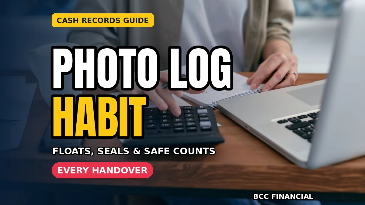 Staff member photographing a sealed cash bag with headline about cash handover photo log floats seals safe counts habit