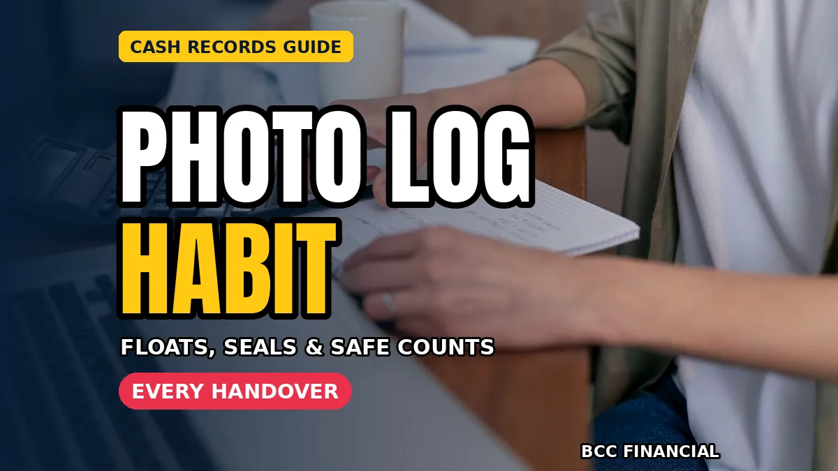 Staff member photographing a sealed cash bag with headline about cash handover photo log floats seals safe counts habit