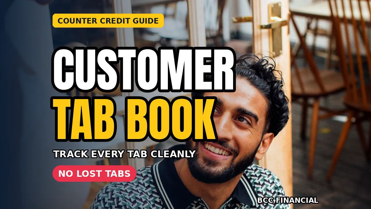 Counter notebook open at a customer page with headline about customer tab book informal credit counter records at a small shop