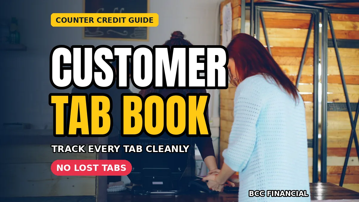 Counter notebook open at a customer page with headline about customer tab book informal credit counter records at a small shop