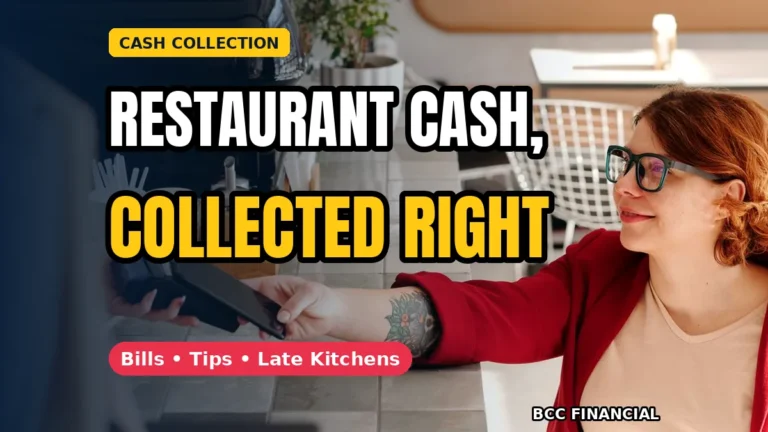 Restaurant manager counting the night's cash takings with a separate tip pot beside the till, illustrating cash collection full service restaurant business routine