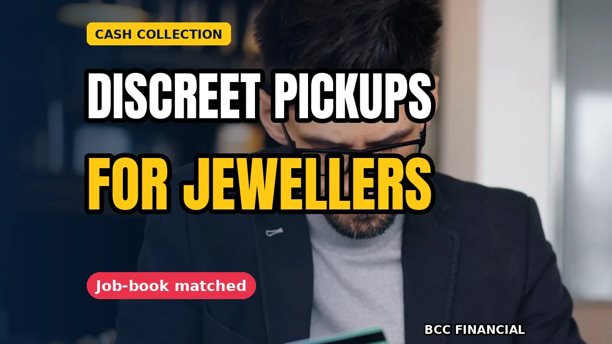 Jeweller handing a discreet unmarked envelope to a collection courier in a back office, showing cash collection jewellers watch repair shop routine