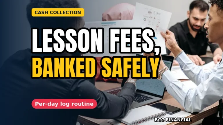 Driving instructor writing the day's lesson payments into a logbook beside the car, showing cash collection driving instructor lesson fees routine