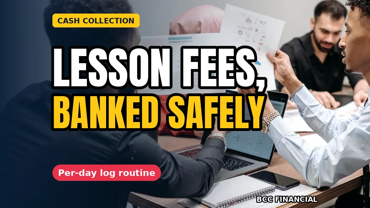 Driving instructor writing the day's lesson payments into a logbook beside the car, showing cash collection driving instructor lesson fees routine