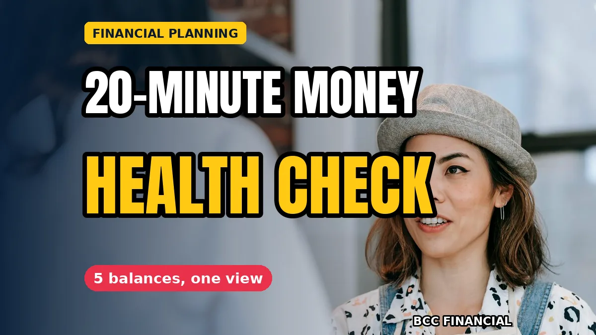 Phone showing a banking app with a monthly money health check in progress