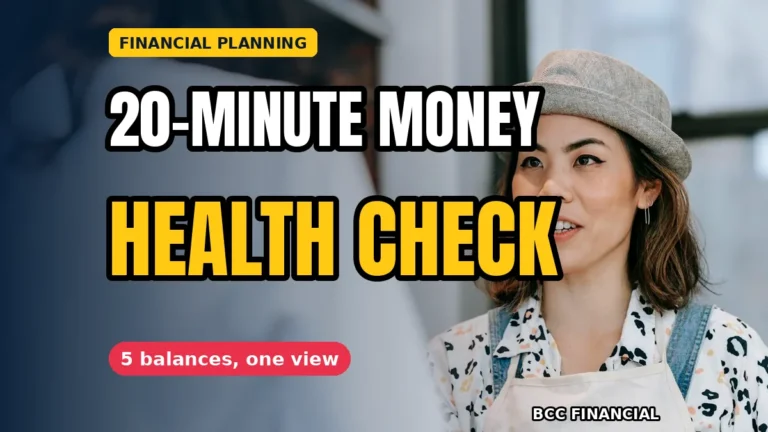 Illustration of a small business financial health check bank app routine showing five balances in one view