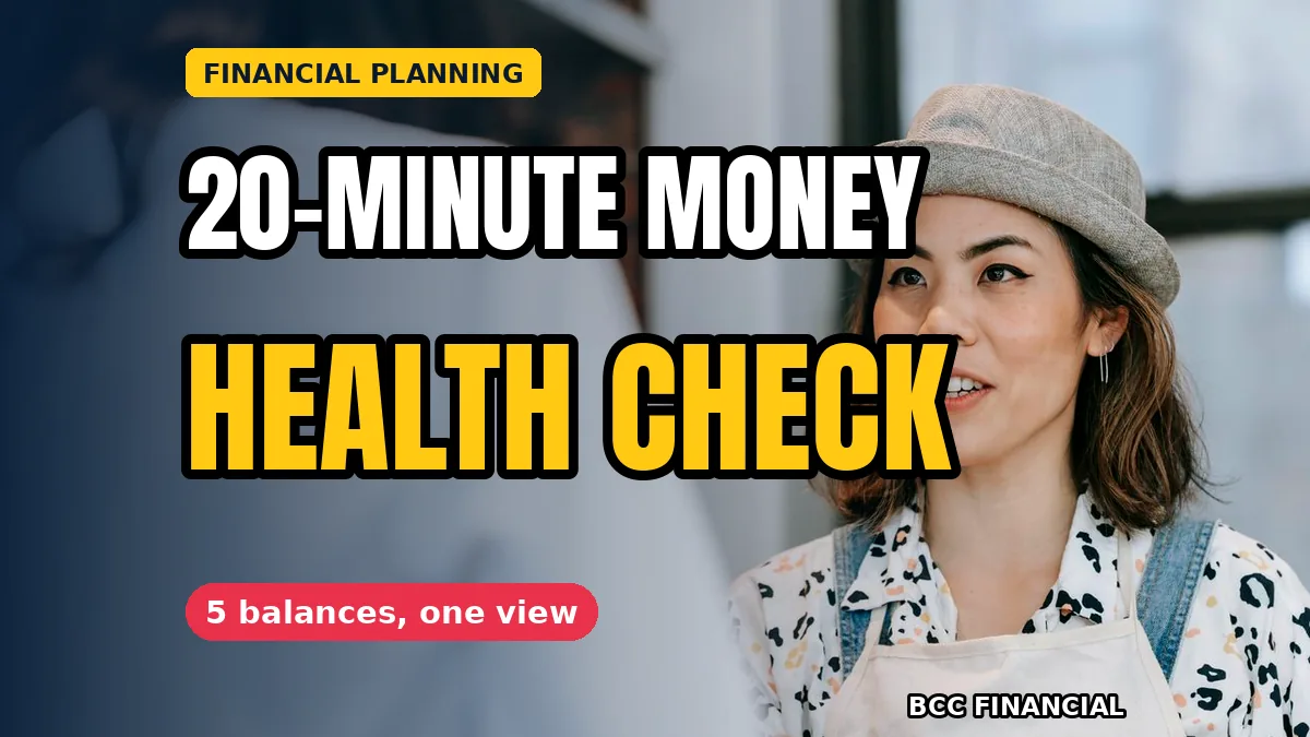 Illustration of a small business financial health check bank app routine showing five balances in one view
