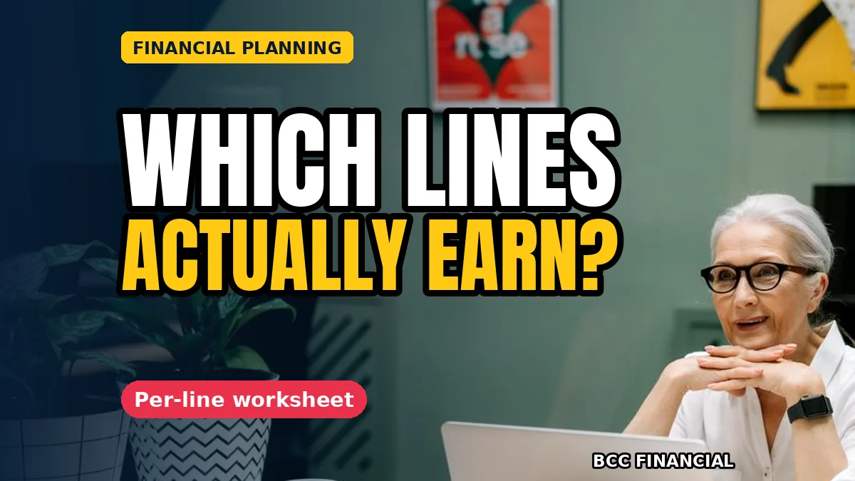 Shopkeeper comparing product lines on a simple worksheet at the counter