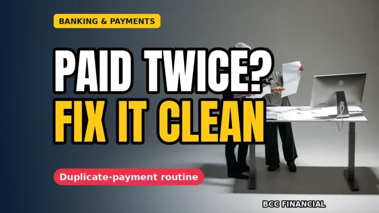 Business owner comparing two matching invoice payments on a laptop during a duplicate customer payment received return process
