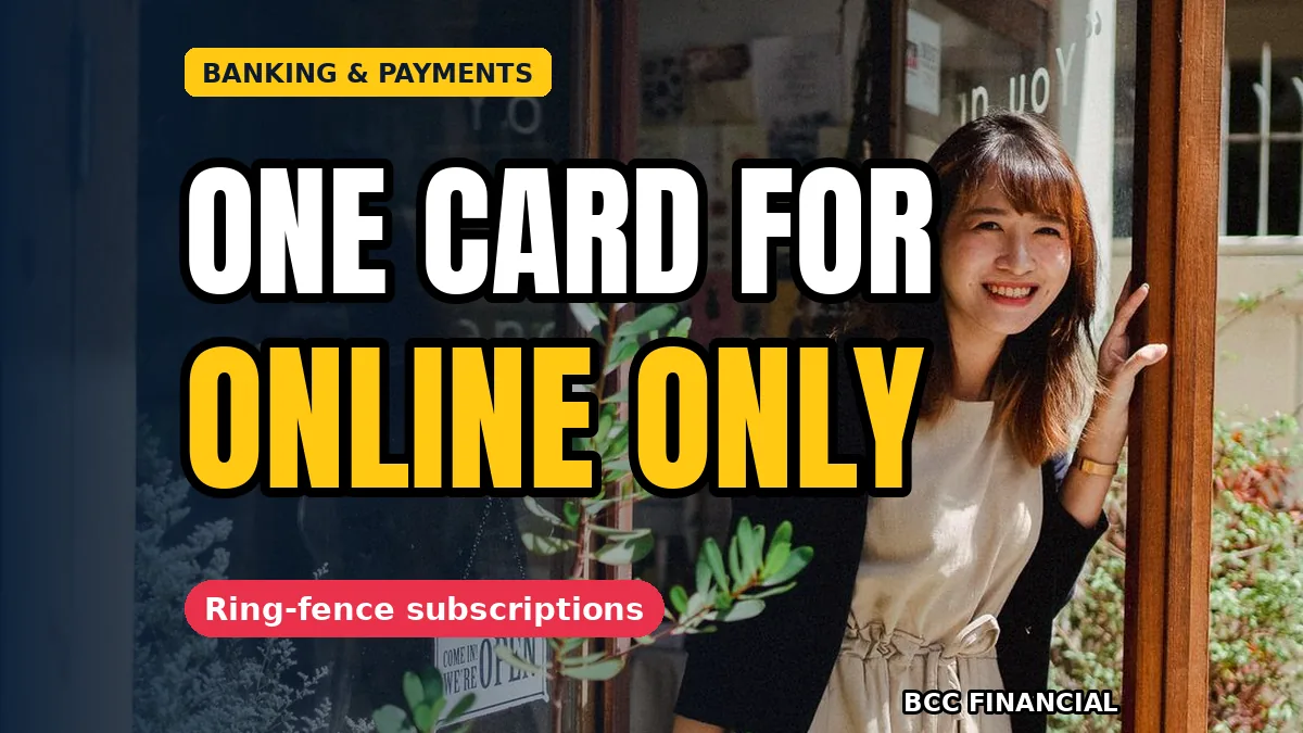 A single business card beside a laptop showing subscription charges, illustrating a separate card online purchases subscriptions business routine