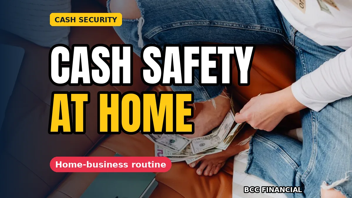 Person placing banknotes into a small home safe on a desk