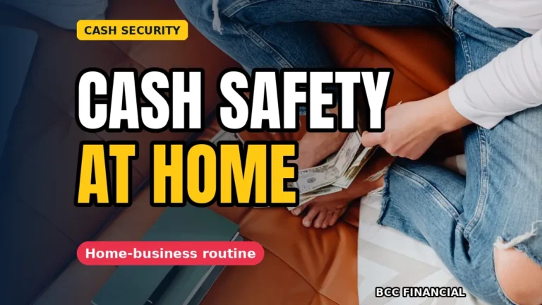 A locked cash box in a private home office illustrating home based business cash storage banking safety
