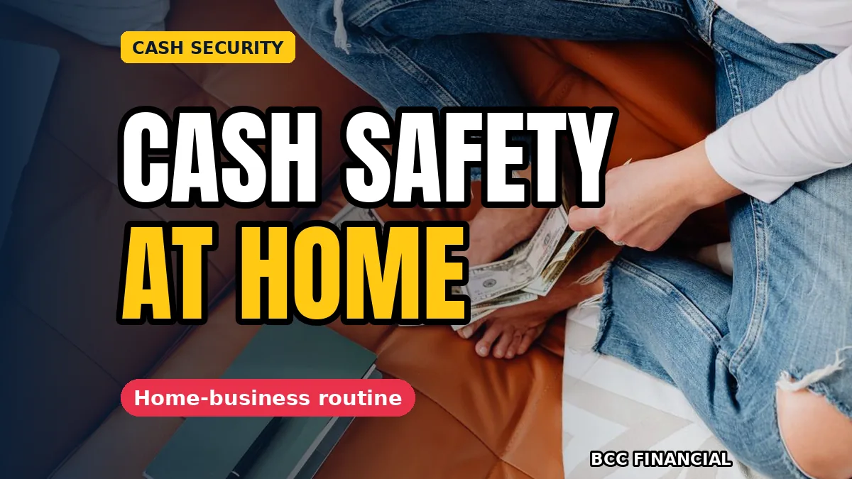A locked cash box in a private home office illustrating home based business cash storage banking safety