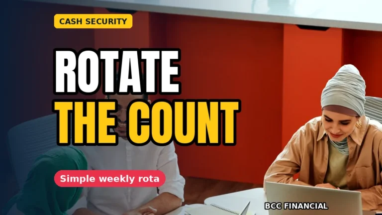 Two staff members counting cash together at a counter showing rotate cash counting duties segregation small business practice
