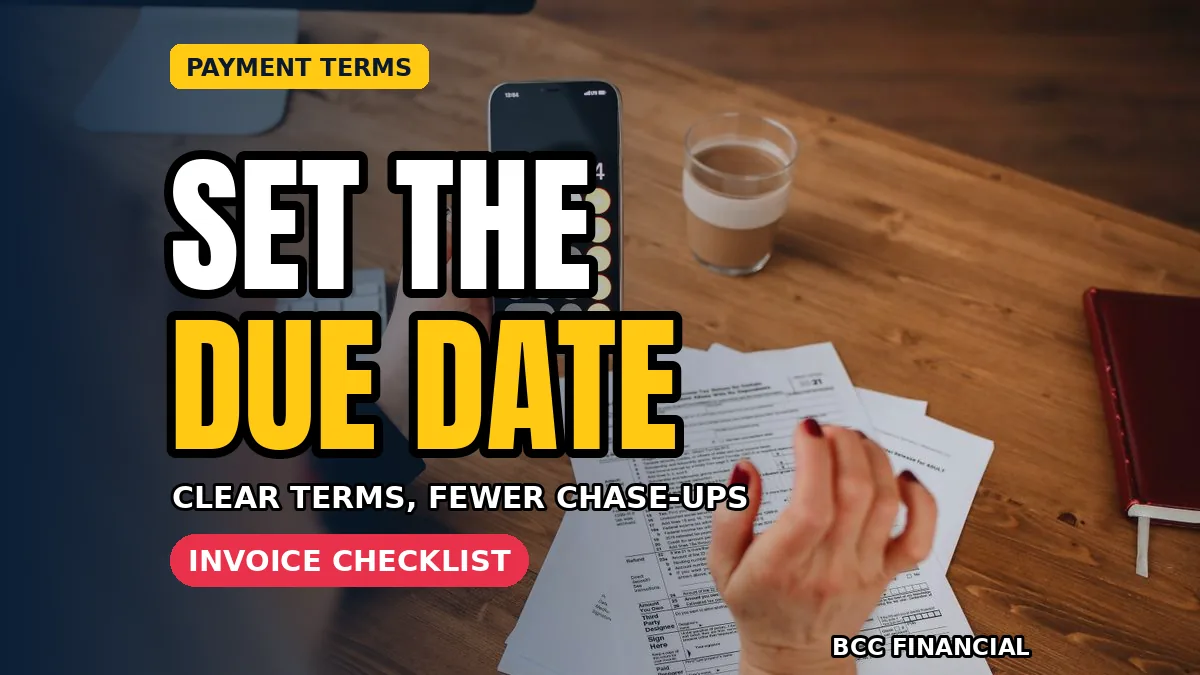 Invoice payment terms: hands checking invoice paperwork and payment figures at a desk