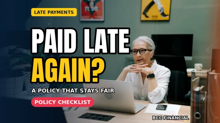 Late payment policy: a business owner at her desk reviewing an overdue payment policy