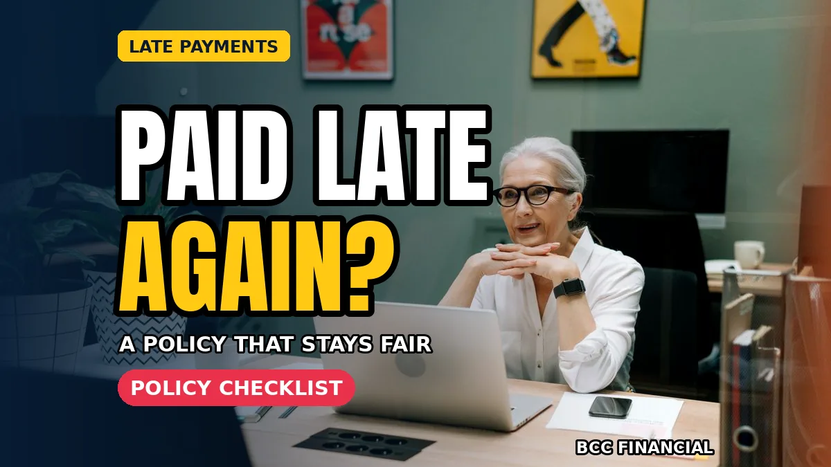 Late payment policy: a business owner at her desk reviewing an overdue payment policy