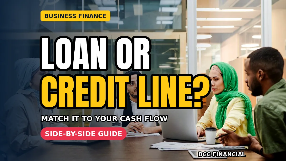 Business loan vs line of credit: a business team at a table discussing borrowing options