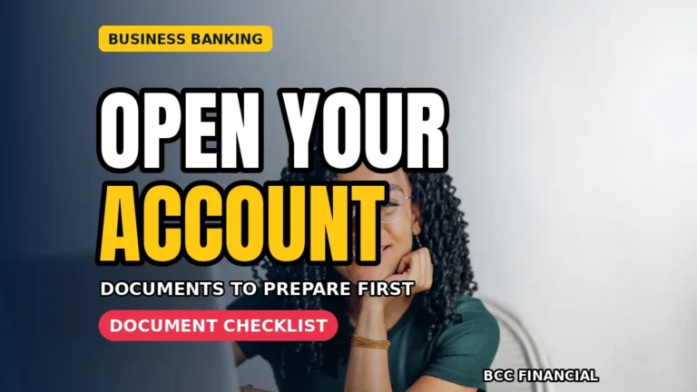 Open a business bank account documents: a smiling businesswoman at her laptop preparing to open a business bank account