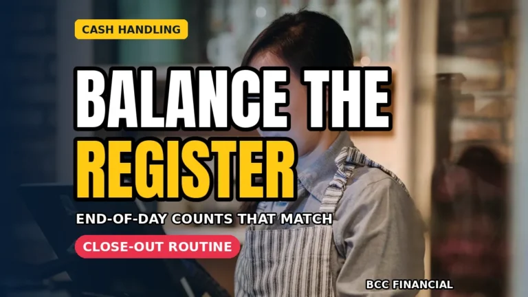 Cash register balancing: a cashier at a cash register during the end-of-day balance