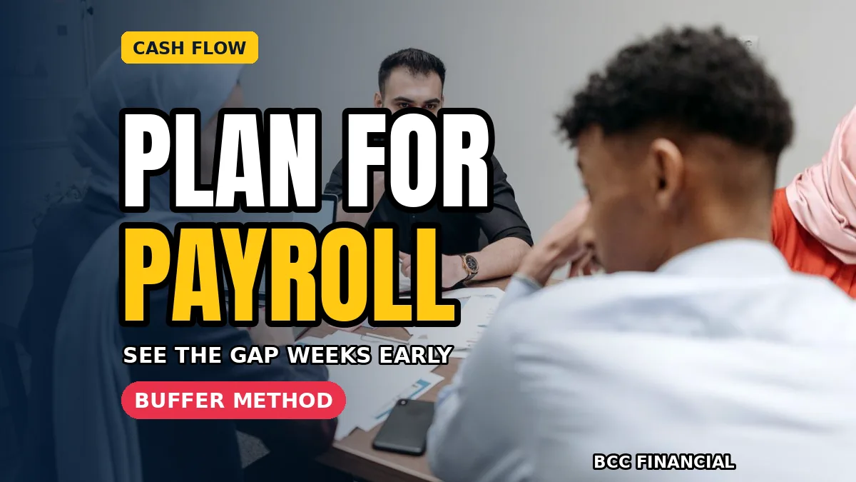 Payroll cash flow planning: colleagues reviewing figures together while planning payroll dates