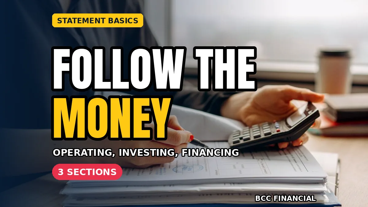 How to read a cash flow statement: a hand writing in a ledger while following figures on a statement