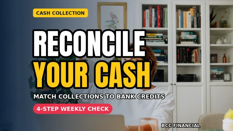 Business owner learning to reconcile cash collections with bank credits at a desk
