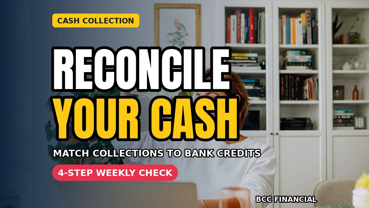 Business owner learning to reconcile cash collections with bank credits at a desk