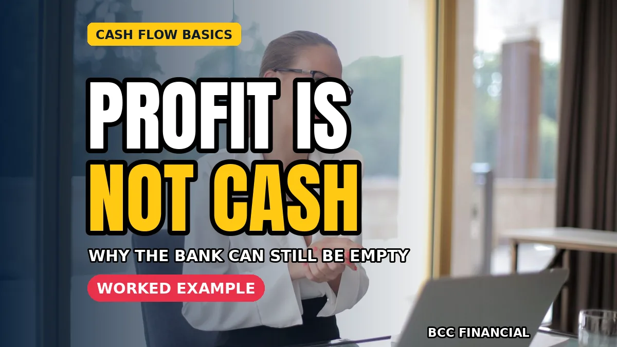 Owner comparing cash flow vs profit reports beside a falling bank balance