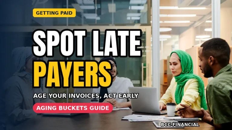 Business owner reviewing an accounts receivable aging report on a laptop with invoices grouped by overdue bucket