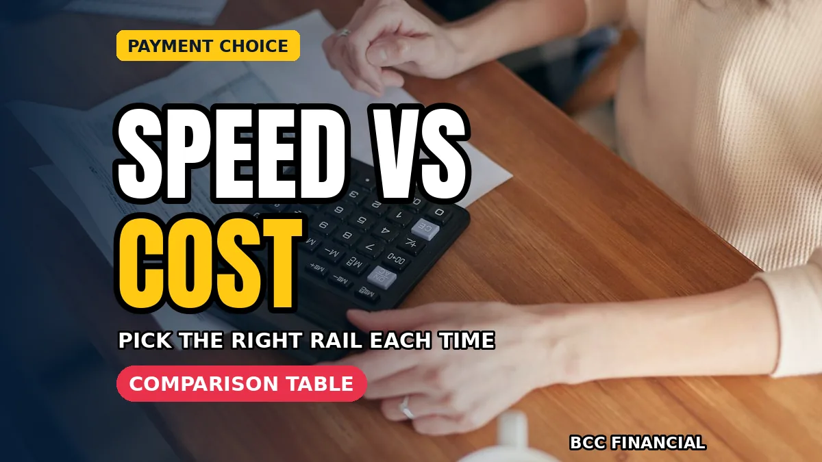 Side-by-side comparison chart of ACH, wire transfer and check payments showing speed and record-keeping notes