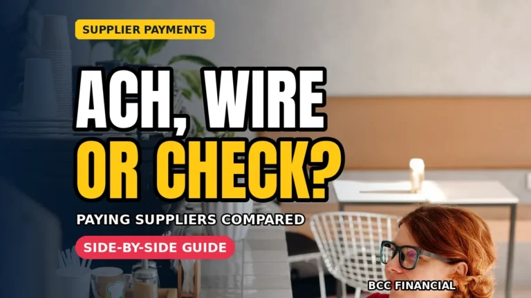 Finance manager comparing ACH vs wire transfer for business payments on a banking dashboard before paying suppliers
