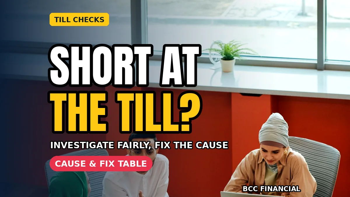 cash shortage investigation with a manager reviewing a discrepancy log and till records fairly