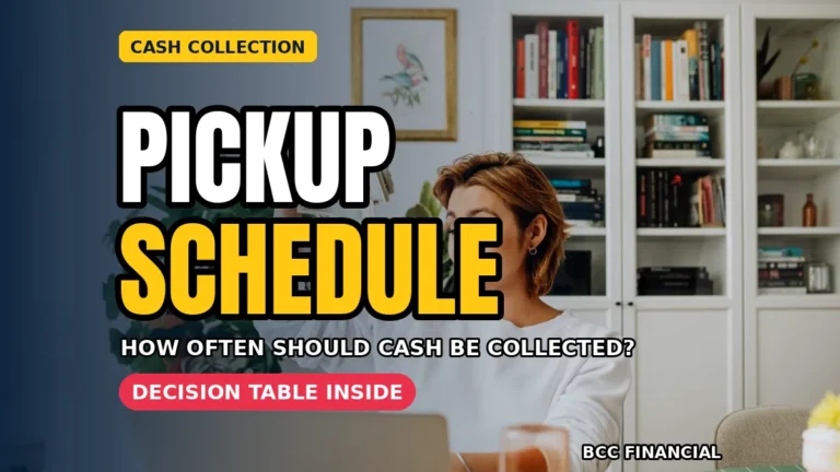 Business owner reviewing a cash collection pickup schedule beside a secure safe and sealed deposit bags