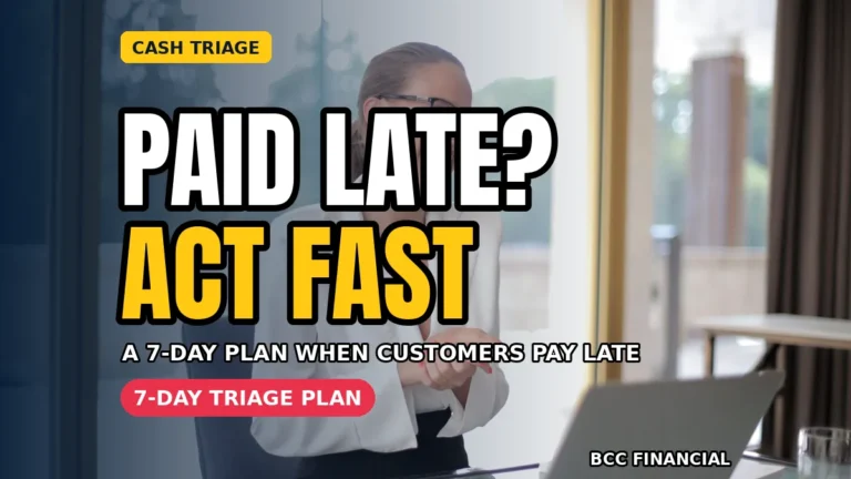 Small business owner planning what to do when customers pay late, with an overdue invoice list