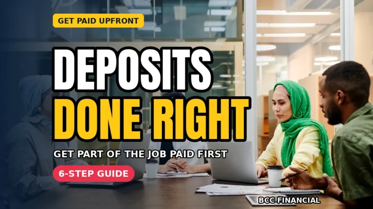 deposit policy for service business graphic showing a service owner reviewing a quote with a client