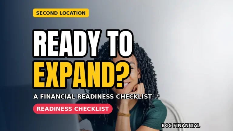 second location financial readiness graphic showing a business owner reviewing a checklist outside a new shopfront