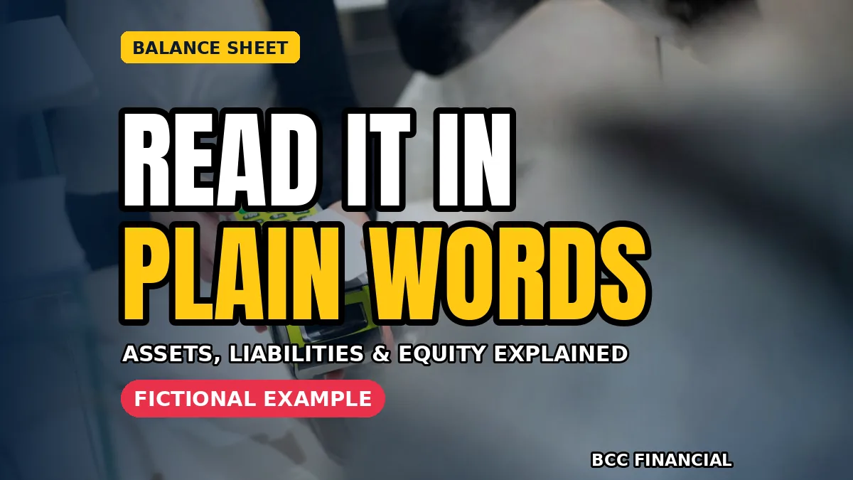 how to read a balance sheet graphic showing a small business owner studying a one-page balance sheet