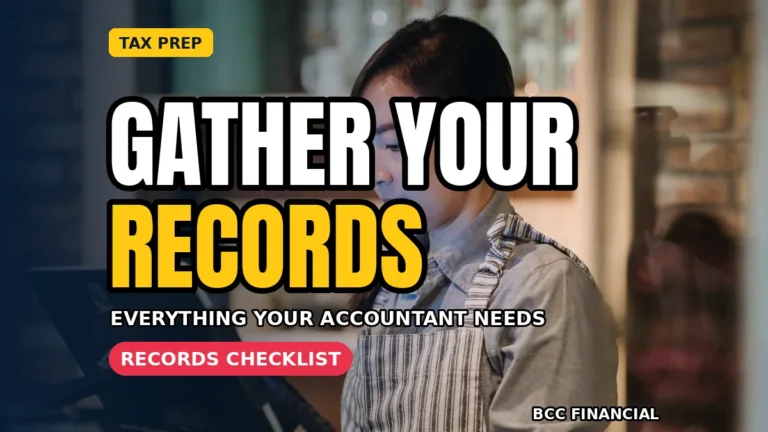 small business tax preparation checklist graphic showing an owner organising labelled record folders at a desk