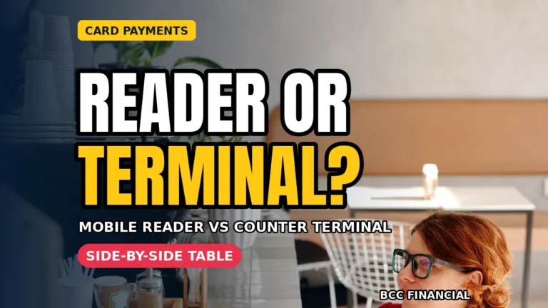 mobile card reader vs card terminal graphic showing a trader comparing a handheld reader with a counter terminal