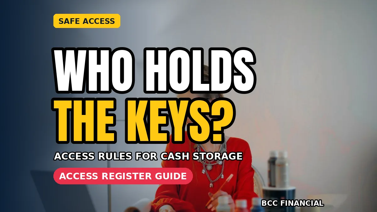 Manager checking safe access control register beside a locked business cash safe
